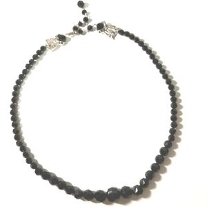 Vintage Avon Black Cut Glass Bead Necklace with Silver Diamante Detailing